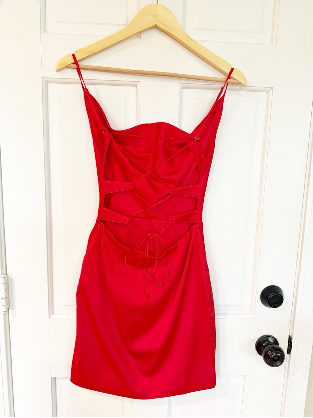 MESHKI Red Satin Lace-Up Back Mini Dress – Size Small - Picture 4 of 6